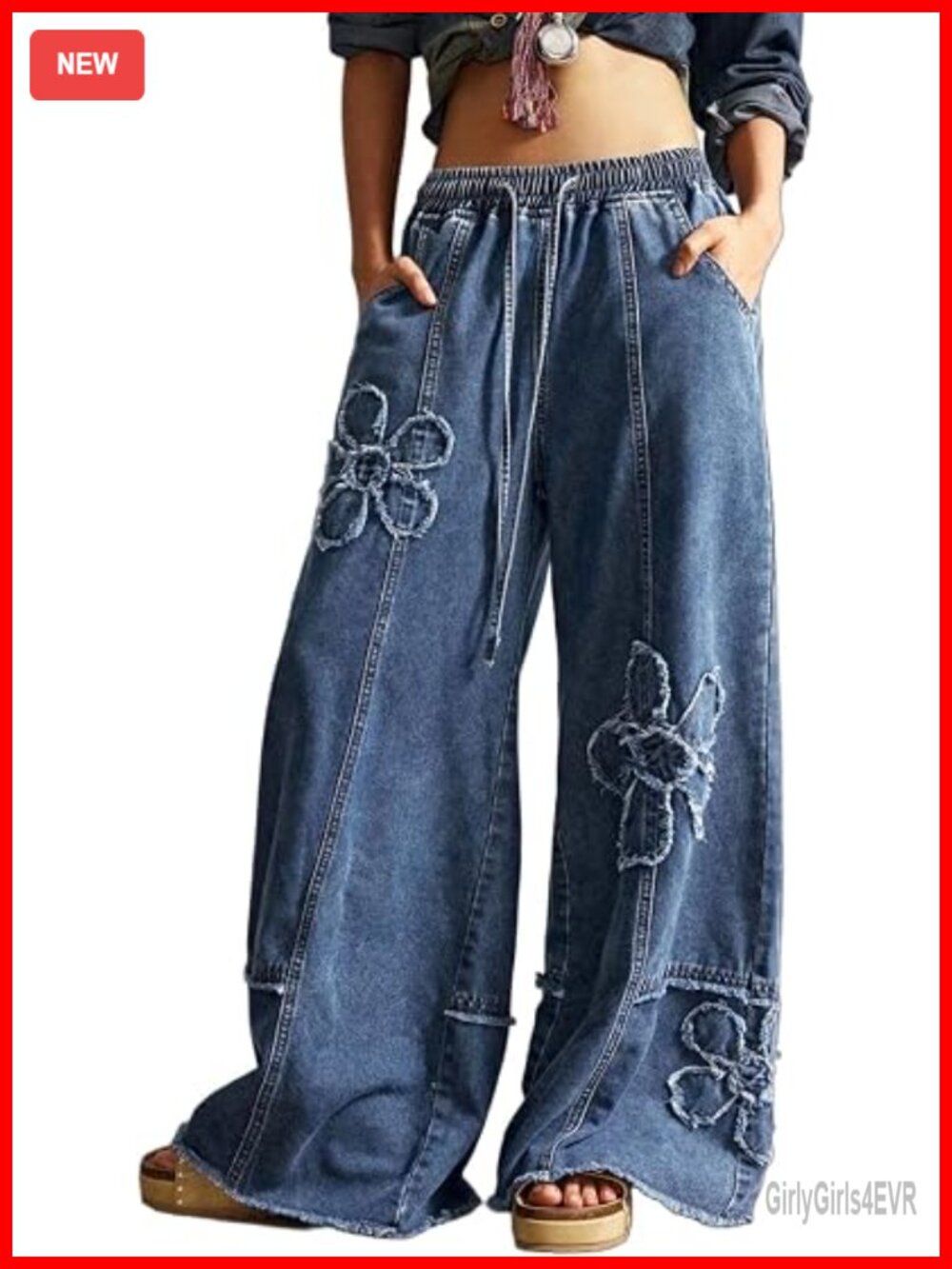 Baggy Wide Leg Jeans Drawstring Elastic High Waisted Distressed Floral